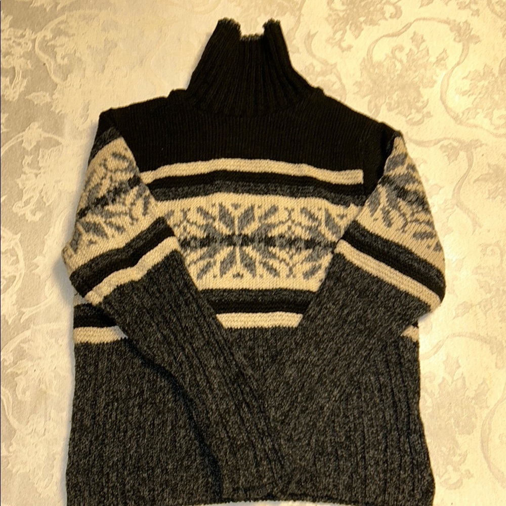 Black and Gray Turtleneck Sweater with Nordic Pattern
